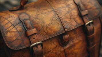 Closeup of a distressed leather handbag highlighting the intentional scuffs and scratches that give it a uniquely rugged appeal photo