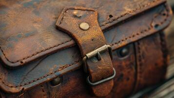 Closeup of an antique leather briefcase showcasing a weathered surface with a subtle sheen. The once smooth finish now displays a rugged patina evoking a sense of histor photo