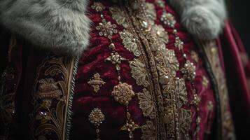 Texture of a sumptuous velvet fabric on a 16th century cloak adorned with rich embroidery and metallic threads photo