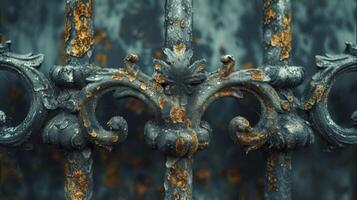 Closeup of a wrought iron gate showcasing the intricate designs and weathered texture of the metal as rust and decay have eaten away at its surface over time photo