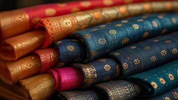 Texture of an Indian cotton saree with a fine weave and an array of vibrant patterns in rich jewel tones photo
