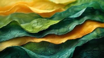Closeup of a textured fabric with intertwined waves in shades of green and yellow photo