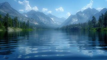 Texture of sharp craggy mountains contrasted against a serene smooth lake photo