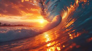 Closeup of a cresting wave perfectly framing the setting sun and creating a mesmerizing silhouette photo