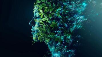 A holographic image of a womans silhouette made entirely out of holographic leaves conveying a sense of unity and harmony with nature photo