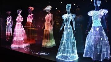 A display of holographic images featuring models wearing dresses with advanced fabric technology such as moisturewicking and body temperature regulation photo