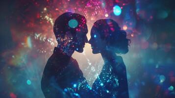 A holographic portrait of the couple exchanging vows with their words floating above them in a dreamy ethereal font photo