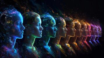 A series of holographic portraits of different family members each representing a different stage and age in life stretching into the future photo