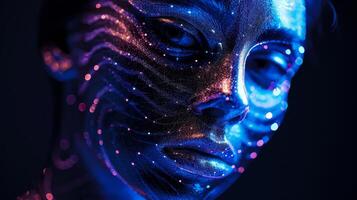 A holographic portrait of a masked figure with each feature made up of ling starlike dots that appear to shift and move with the viewers perspective photo