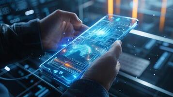 A holographic display of a revolutionary new phone design highlighting its advanced features and sleek futuristic design through interactive holographic simulations photo