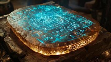The intricate carvings and inscriptions on a holographic tablet provide valuable clues to the longforgotten language and history of an ancient civilization photo
