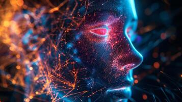 An abstract hologram portrait depicting a persons emotions and thoughts through a vibrant web of interconnected lines and shapes photo