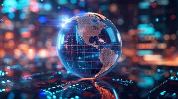 A hovering holographic globe shows a world map with each country representing a different investment in the viewers portfolio photo