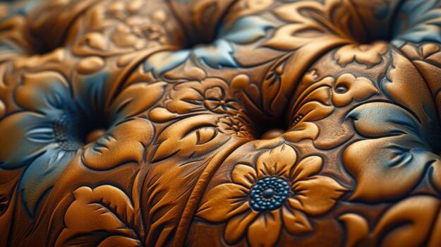 Closeup of intricate tooled leather with detailed floral designs carved into its surface. The delicate patterns create a tactile texture that is both elegant and rustic photo