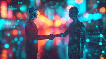 A holographic image of a handshake between two figures emphasizing the networking opportunities available at the virtual investment seminar photo