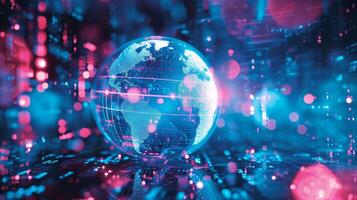 A holographic image of a globe surrounded by different types of insurance coverage demonstrating the global reach and expansive coverage options of holographic insurance solutions photo