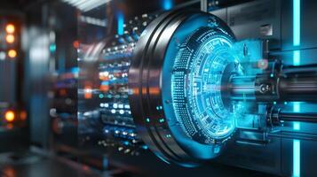 A threedimensional virtual bank vault appearing in midair emphasizing the secure and futuristic aspect of wealth management through augmented reality photo