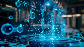A holographic representation of a smart water system with data visualizations showing usage and conservation efforts photo