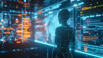 A lifelike AI hologram projecting a holographic projection of a virtual world demonstrating how AI can optimize financial portfolio management photo