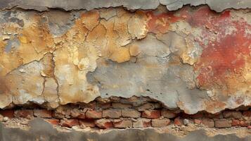 Texture of weathered and chipped murals giving way to the brick and concrete underneath photo