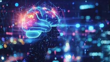 A holographic image of a human brain appears above the head of a user wearing a headband equipped with IoT sensors displaying brainwave patterns and cognitive insights photo