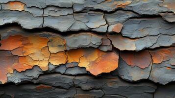Closeup of a cracked piece of bark texture of its surface wearing away in uneven patterns exposing the inner layers and creating a rugged appearance photo