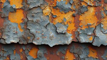Texture of a rusted aged metal surface with layers of peeling paint and rough gritty textures photo