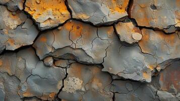 Texture of cracked and weathered stone bearing traces of ancient script and symbols hinting at a distant past photo