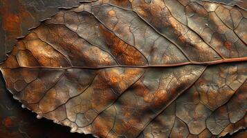 Texture of a mottled brown leaf with a rough texture and pronounced ridges photo