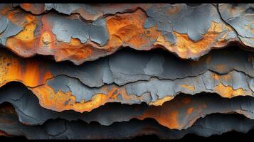 Closeup of a corroded metal surface featuring a mix of jagged edges and smooth curves revealing the unique effects of weathering and exposure photo