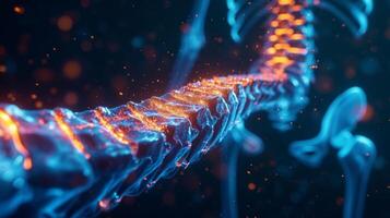 A holographic image of a users spine appears highlighting areas of tension and providing personalized corrective exercises based on data collected by their IoTenabled postur photo