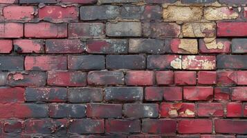 Closeup of a brick wall with sections of the bricks noticeably darker and more worn than others. Contrasting hues of deep red and pale pink reveal the varying stages of thei photo