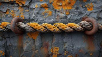 Texture of a weathered rope frayed and tangled from years of use on a fishermans boat in a rugged seaside town photo