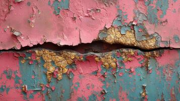 Detail of a single crack in the textured paint surrounded by speckles of chipped and faded color photo