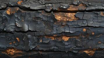Texture of scorched bark blackened and peeling to reveal the smooth pale wood underneath photo