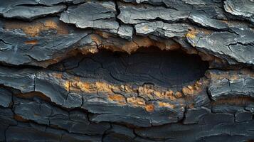 Closeup of the rough weathered bark of an old tree showcasing the deep crevices and scars from years of growth and change photo