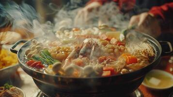 A steaming hot pot filled with a variety of meats vegetables and seafood encourages prosperity and abundance for the whole family when shared during the New Year feast photo