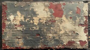 Up close the rough and uneven texture of a mural showing the exposed brick peeking through the fading design photo