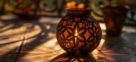 Intricate and ornate patterns carved on a clay Diwali lantern creating beautiful shadows when lit up photo