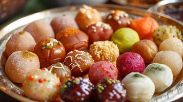 A plate filled with an assortment of mouthwatering Indian sweets including gulab jamun and barfi enjoyed as a part of the festive celebrations photo