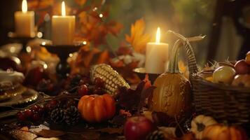 A shot of a beautifully set table with autumn leaves candles and a cornucopia as part of the festive Thanksgiving decor photo