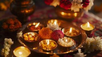 un de cerca de un tradicional pooja thali decorado con flores diyas y dulces usado para Adoración durante diwali foto