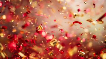 A blurred background of red and gold confetti capturing the festive atmosphere of Singles Day photo