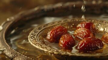 A closeup of dates and water the traditional food items used to break the fast during Ramadan symbolizing gratitude and simplicity photo