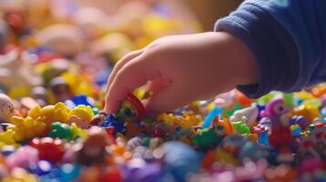 A closeup of a childs hand picking out a new toy from a pile of options photo