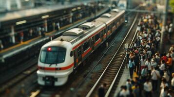 A closeup of a busy train station with crowds of travelers rushing to catch a train during Golden Week one of the busiest travel periods in Japan photo