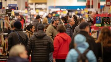 The atmosphere is electric with shoppers buzzing with excitement and determination to snag the biggest savings photo