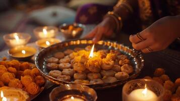 One of the most important traditions of Diwali is the exchange of sweets. Families and friends visit each other to share delicious sweets and snacks spreading love and joy photo