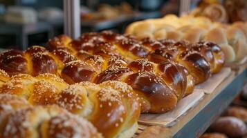 The flavors of the holiday can also be found in bakeries as they sell roundshaped challah breads often topped with delicious toppings like sesame seeds or cinnamon sugar photo