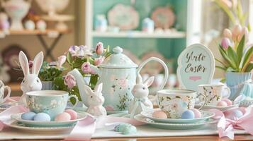 A charming Easterthemed tea set complete with bunnyshaped tea cups and plates is p on a table decorated with pastelcolored ribbons. A sign invites customers to Hop on in fo photo